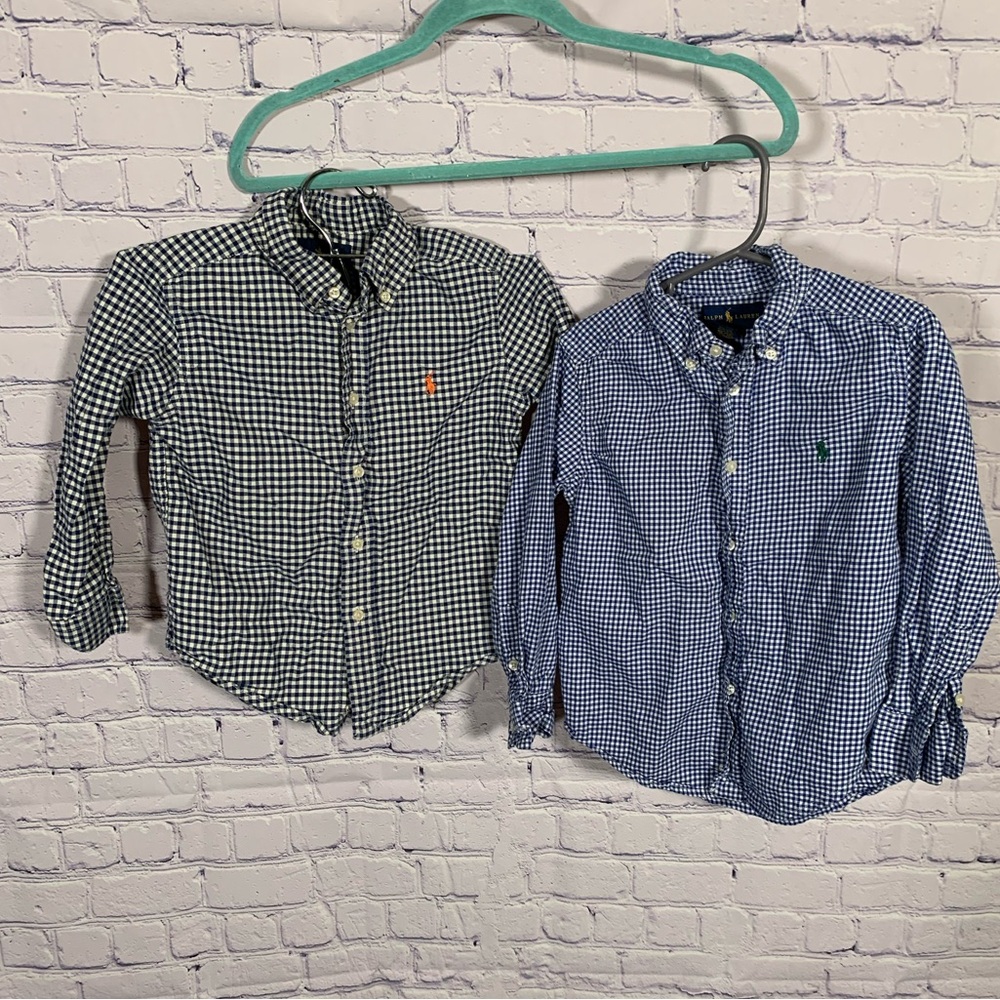 Ralph Lauren Toddler Boys Set of 2 Button Down Shirts Checkered Blue 4T Preppy